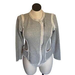 Women Gray Textured Knit Jacket‎ Moto Style Size L Boho Fall